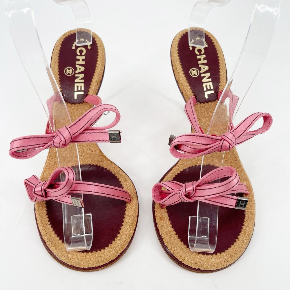 Chanel Vintage Pink Double Strap Satin Bow Cork Sole Slide Sandal Heels EU 38 - Picture 2 of 13